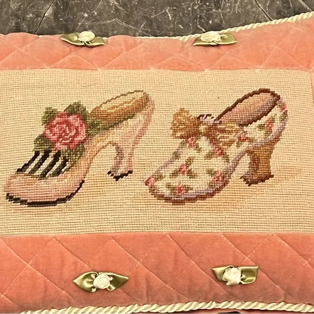 Vtg Handmade Embroidered Needle Point Tapestry Ruffle Tassel Rectangle Pillow